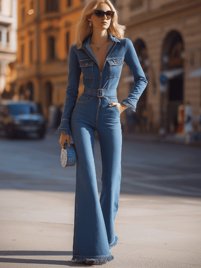 Denim Belted Jumpsuit With Flared Legs