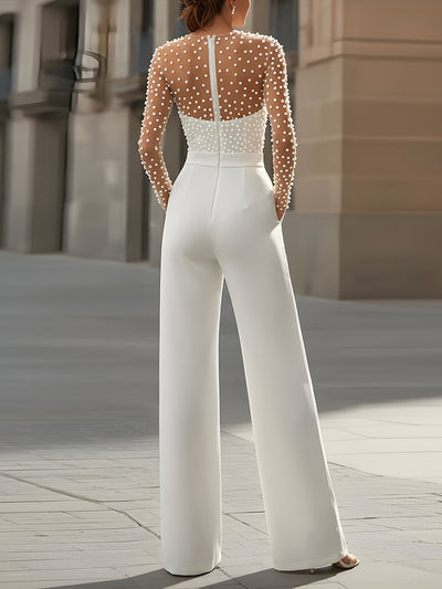 Pearl-Embellished Sheer Bodice White Jumpsuit