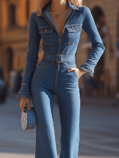 Denim Belted Jumpsuit With Flared Legs