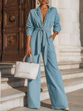 Light Blue Belted Denim Jumpsuit With Wide-Leg Silhouette