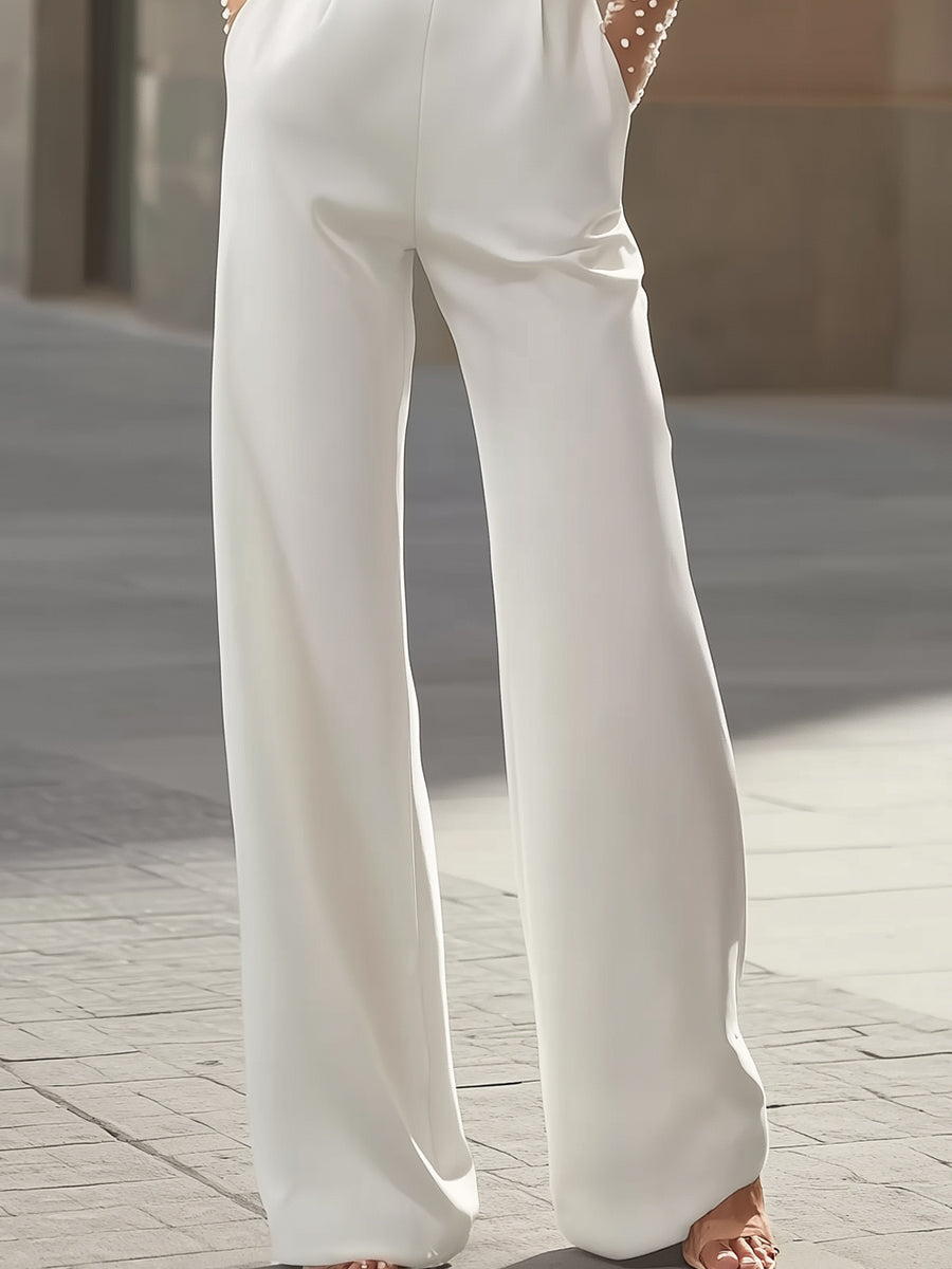 Pearl-Embellished Sheer Bodice White Jumpsuit