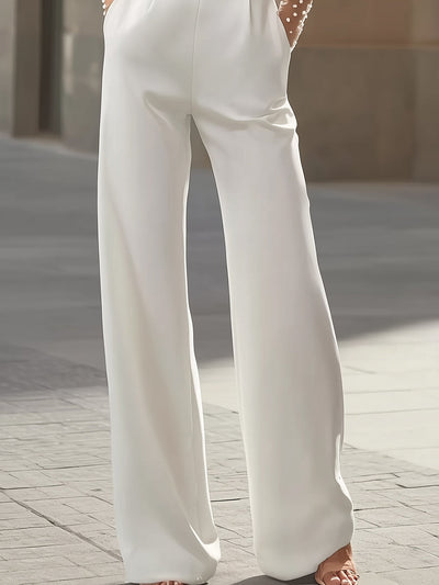 Pearl-Embellished Sheer Bodice White Jumpsuit