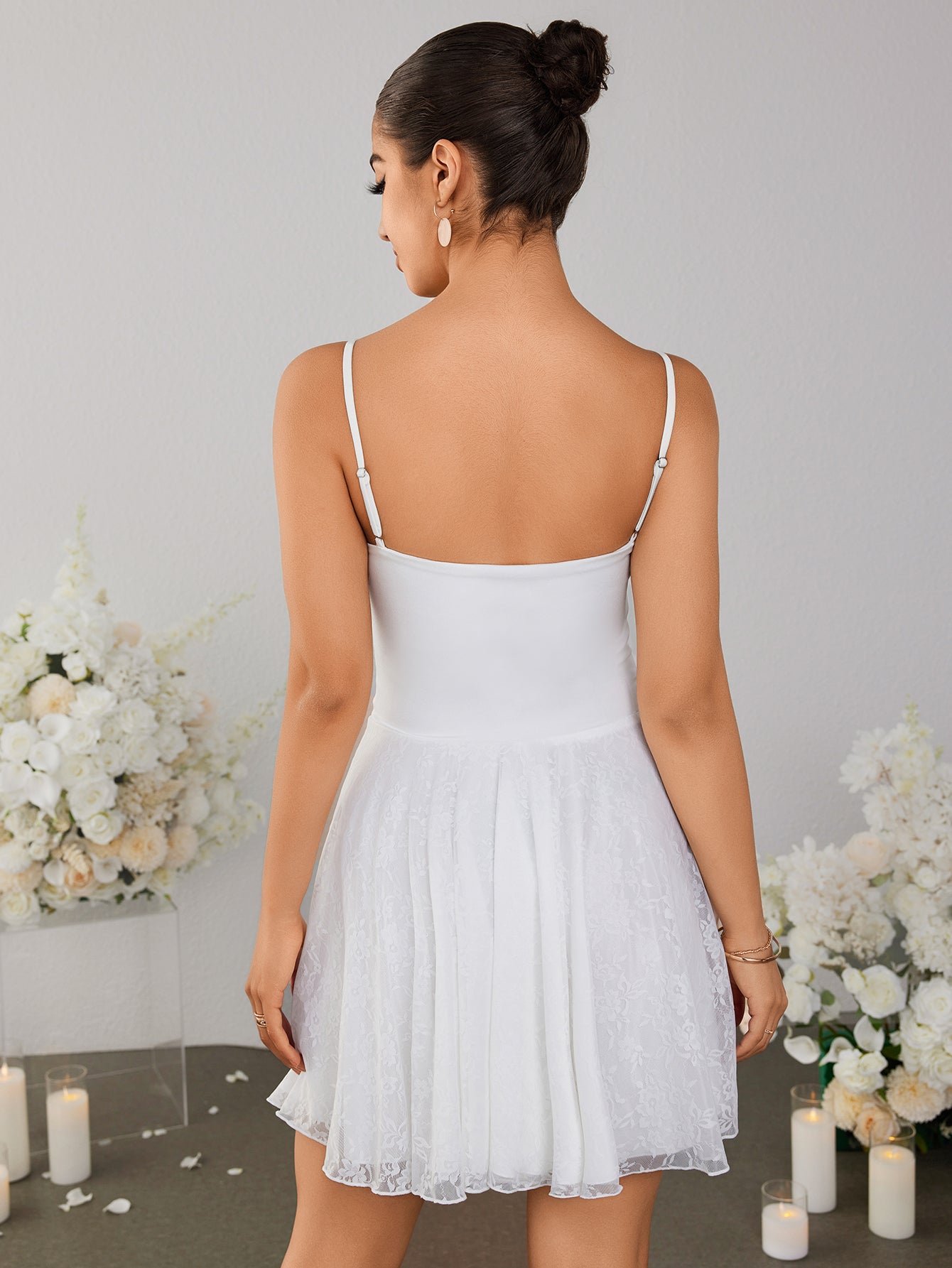 Backless Satin Patchwork Lace Hem Cami Dress