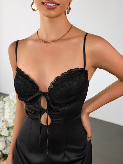 Cut Out Lace Bust Patchwork Satin Cami Dress