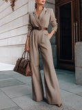 Taupe Belted Blazer Jumpsuit With Wide-Leg Silhouette