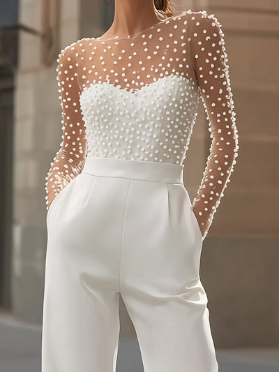 Pearl-Embellished Sheer Bodice White Jumpsuit